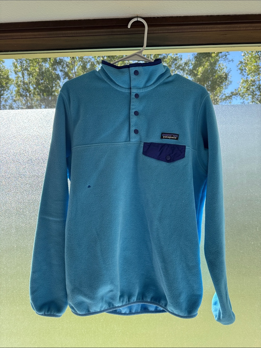 Patagonia Aqua Blue Snap-T Fleece with Navy Accents